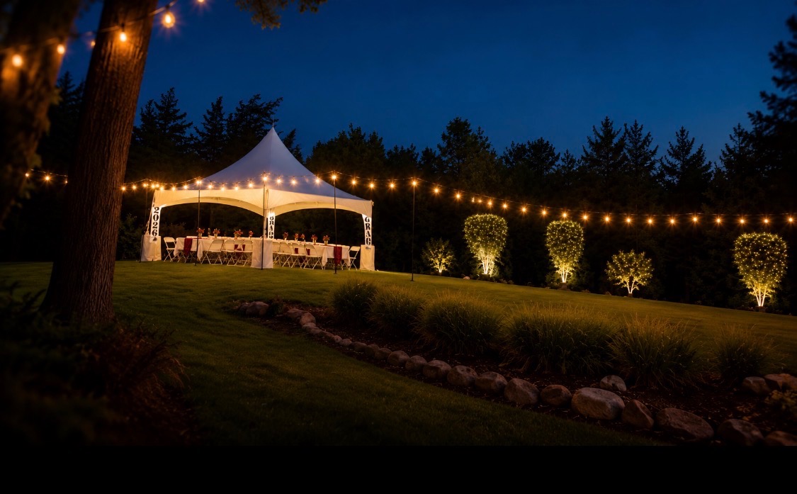 Lighted white event tent set up for an evening celebration