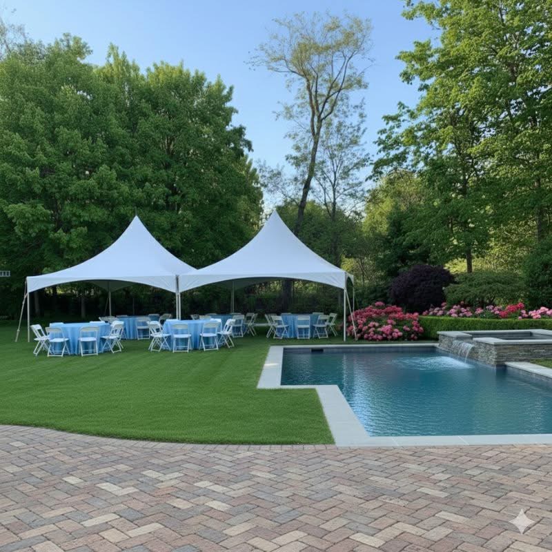 Two white event tents arranged beside a backyard pool